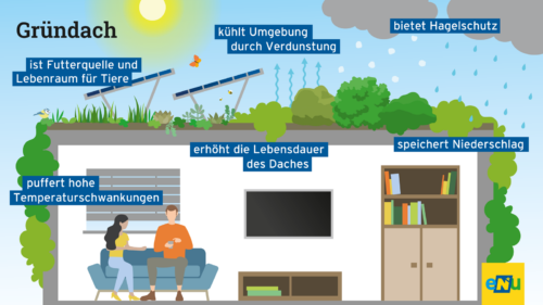 2 Personen sind im Innenraum, Außenfassade und Dach sind begrünt.