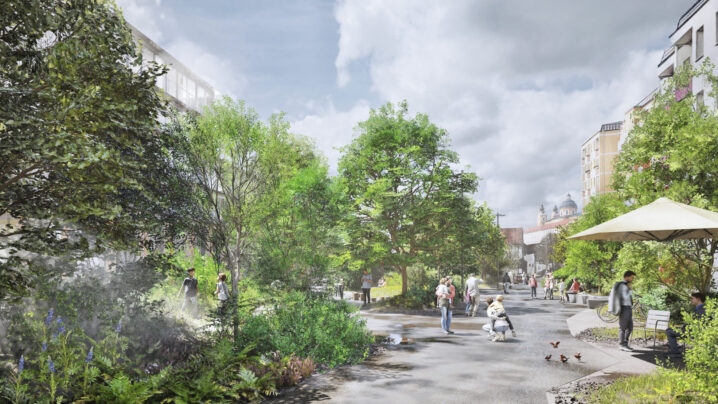 Rendering, Bäume und hohe Gebäude seitlich, Mittig schattiger Weg mit Menschen und Vögeln, blauer Himmel, hinten rechts Stift Melk