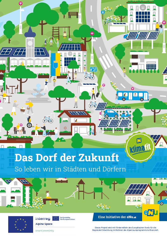 Cover der Broschüre "Das Dorf der Zukunft", auf der eine Grafik abgebildet ist, die eine Vision einer klimafitten Ortschaft zeigt