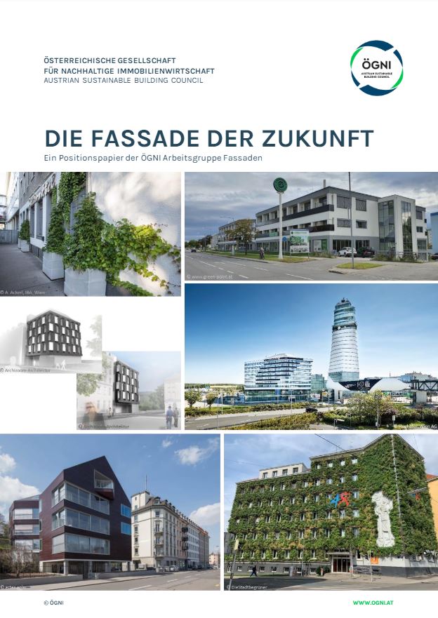 Cover der Broschüre "Die Fassade der Zukunft" mit sechs Bildern unterschiedlicher Fassadenlösungen bei Gebäuden