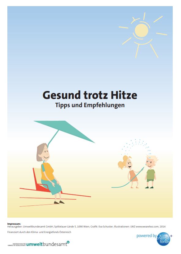 Cover der Broschüre "Gesund trotz Hitze" mit einer Grafik einer älteren Dame und zwei Kindern im Freien