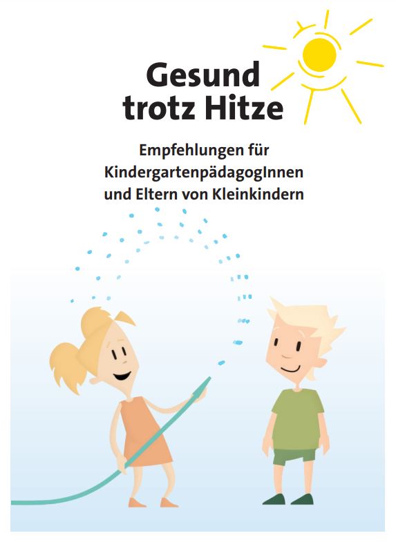 Cover der Broschüre "Gesund trotz Hitze" mit einer Grafik zweier Kinder, die mit Wasser spielen