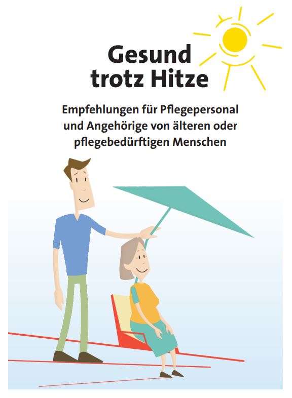 Cover der Broschüre "Gesund trotz Hitze" mit einer Grafik einer älteren Dame und einem Mann, der einen Sonnenschirm hält