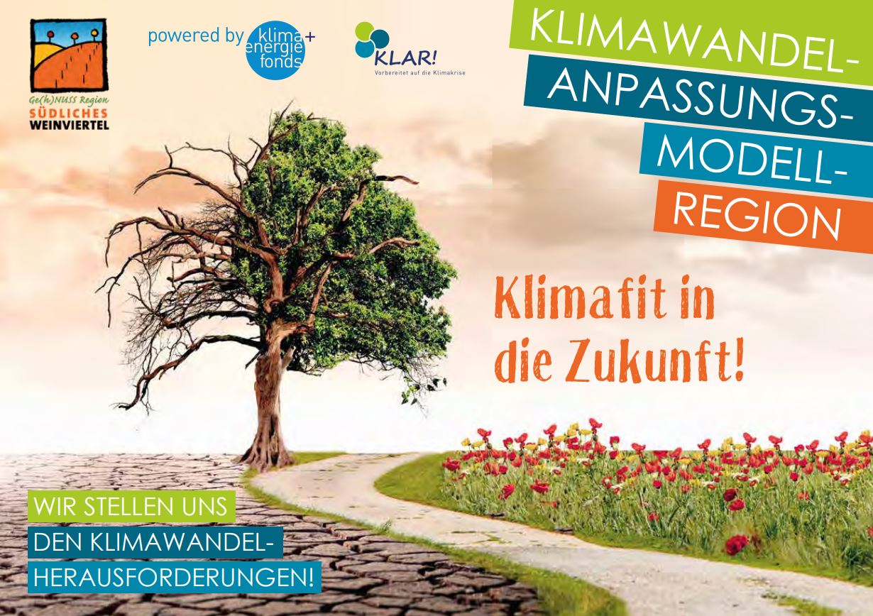 Cover der Broschüre "Klimafit in die Zukunft!". Auf der einen Seite sieht man trockene Erde und einen toten Baum - auf der anderen Seite sieht man eine Blumenwiese und einen lebendigen Baum.
