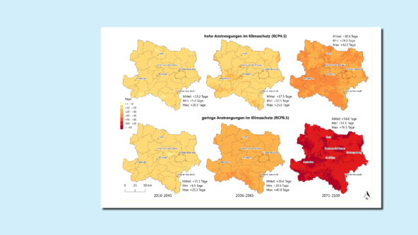 sechs Karten von Niederösterreich zeigen wie sich die Temperatur in verschiedenen Szenarien verändern