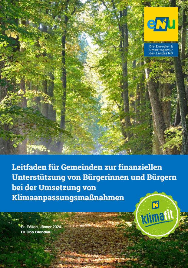 Cover des Leitfadens zur finanziellen Unterstützung bei der Umsetzung von Klimaanpassungsmaßnahmen mit einem Wald als Hintergrundbild