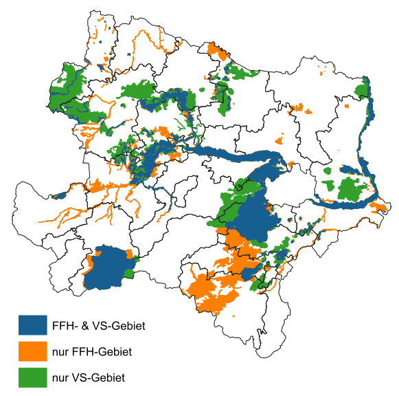 Karte von Niederösterreich, bunte Linien zeigen die verschiedenen Schutzgebiete an.