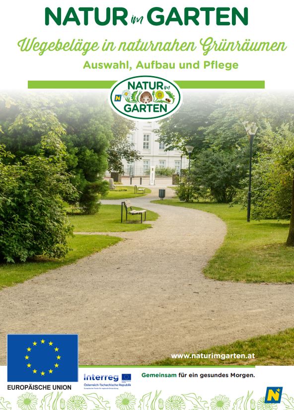 Cover der Broschüre "Wegebeläge für naturnahe Grünräume" von Natur im Garten