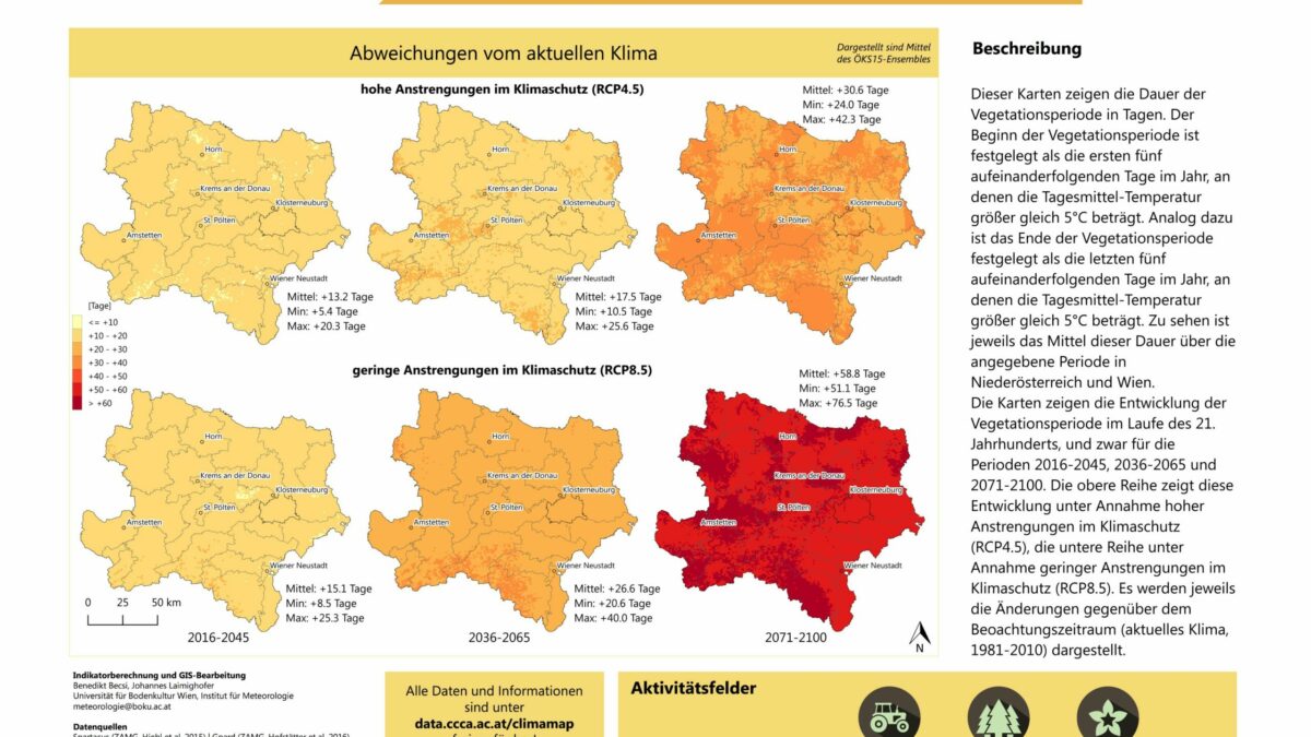 Diese Karten zeigen Veränderungen der Vegetationsperiode in Niederösterreich und Wien aufgrund des Klimawandels.