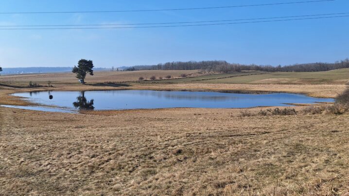 trockene Landschaft, Wasserfläche in der Mitte, darüber Stromleitungen, einzelner Baum, blauer Himmel