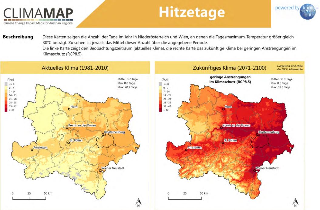 Zwei Karten von NÖ und Wien stellen das aktuelle Klima dar, und das zukunfügte Klima, wenn nur geringe Anstrengungen im Klimaschutz unternommen werden. 