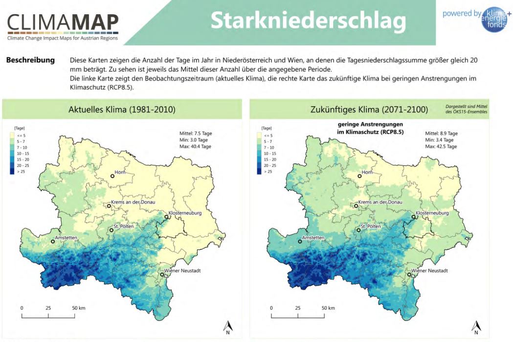 Zwei Karten von NÖ und Wien stellen das aktuelle Klima dar, und das zukünftige Klima, wenn nur geringe Anstrengungen im Klimaschutz unternommen werden.