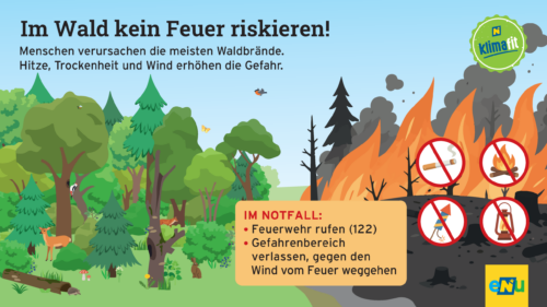 Grüner Wald mit vielen Tieren links, rechts Feuer, Warnzeichen