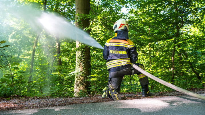 Grüner Wald, Feuerwehrmann in Uniform kniet auf Asphalt und sprüht Wasser aus Schlauch in den Wald
