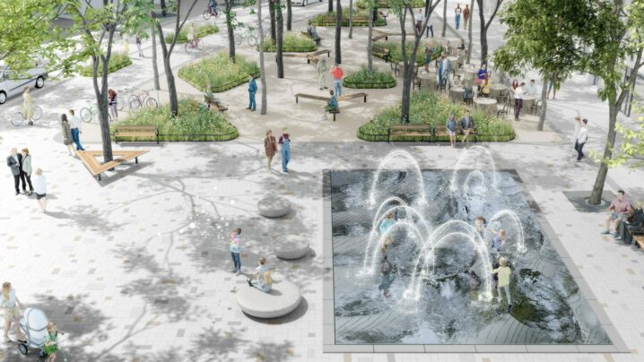 Skizze des neuen Hauptplatz in Amstetten mit Bäumen und Spielbrunnen